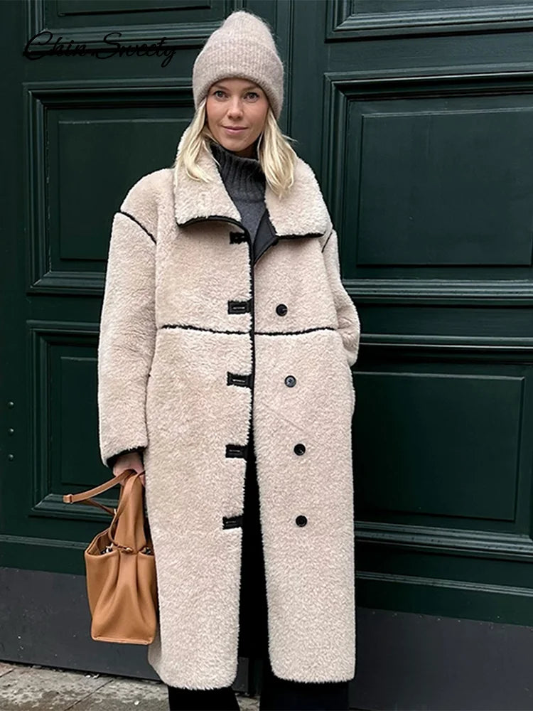 Beige Faux Fur Long Coat Winter Buttons Lapel Long Sleeve Lamb Fleece Jacket New Lady Loose Street Outerwear