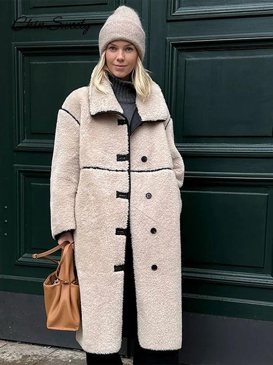 Beige Faux Fur Long Coat Winter Buttons Lapel Long Sleeve Lamb Fleece Jacket New Lady Loose Street Outerwear