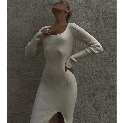 Square Neck Split Knitted Sweater Dress Long Sleeve Dress Slim Highwaist Dresses