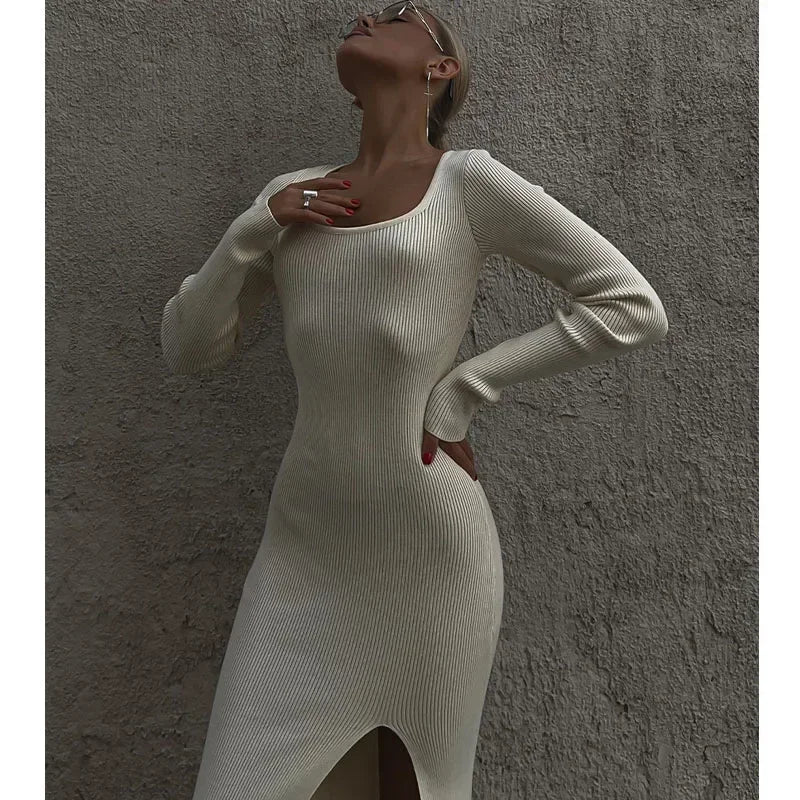 Square Neck Split Knitted Sweater Dress Long Sleeve Dress Slim Highwaist Dresses