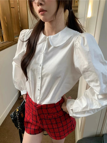Blue Plaid Shirt Kawaii Peter Pan Collar Blouse Female Preppy Style Puff Sleeve Top With Teen Girl Spring Clothes