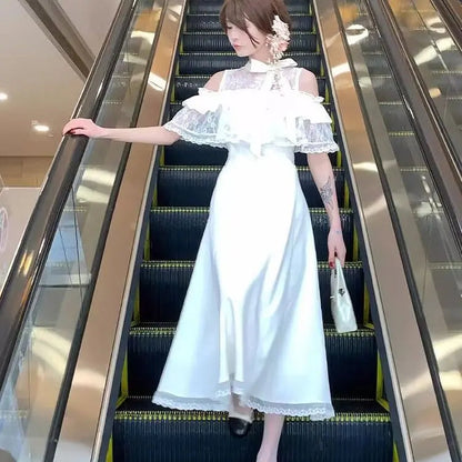 Lace Sweet Cloak Design White Dress Summer New Off Shoulder Bow Short Sleeve Waist Slimming Aline Long Dress for