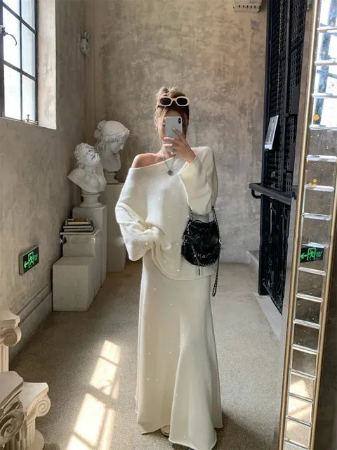 Soft Suits 2 Pieces Female Sets Slash Neck Sweater & Midi Dress Bling Knitted Tracksuit