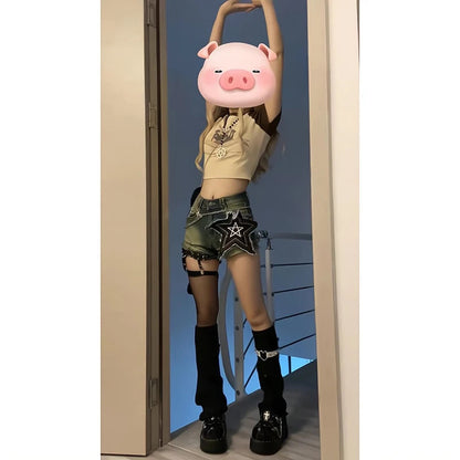 Y2k Star Print Denim Shorts Harajuku Gothic Wide Leg Shorts Jeans Summer High Waist Hot Short Pants New