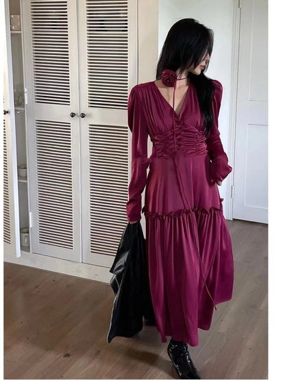 Autumn Satin Midi Dresses for Long Sleeve V-neck Folds Design A-line Korean Office Lady One Piece Vestidos New