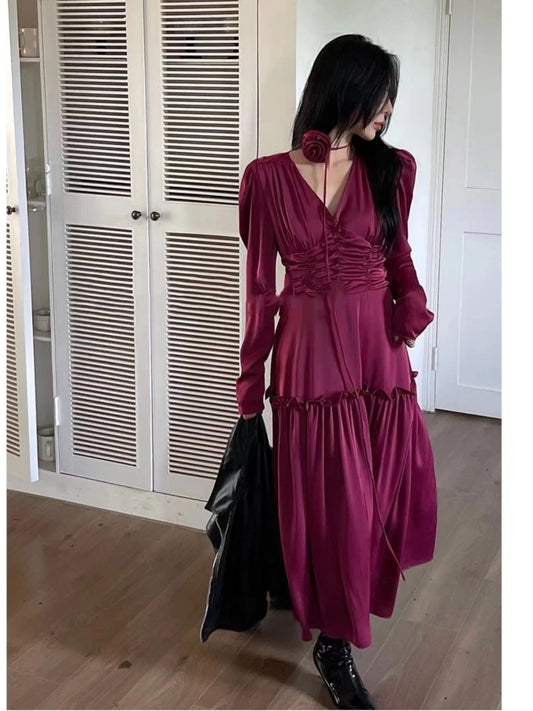 Autumn Satin Midi Dresses for Long Sleeve V-neck Folds Design A-line Korean Office Lady One Piece Vestidos New