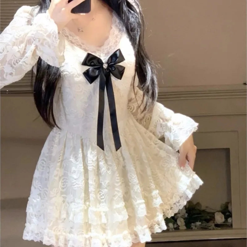 Lace Mini Dresses V-neck Long Sleeve Ruffles A-line Autumn New Sweet Korean Party Dress Female Vestidos