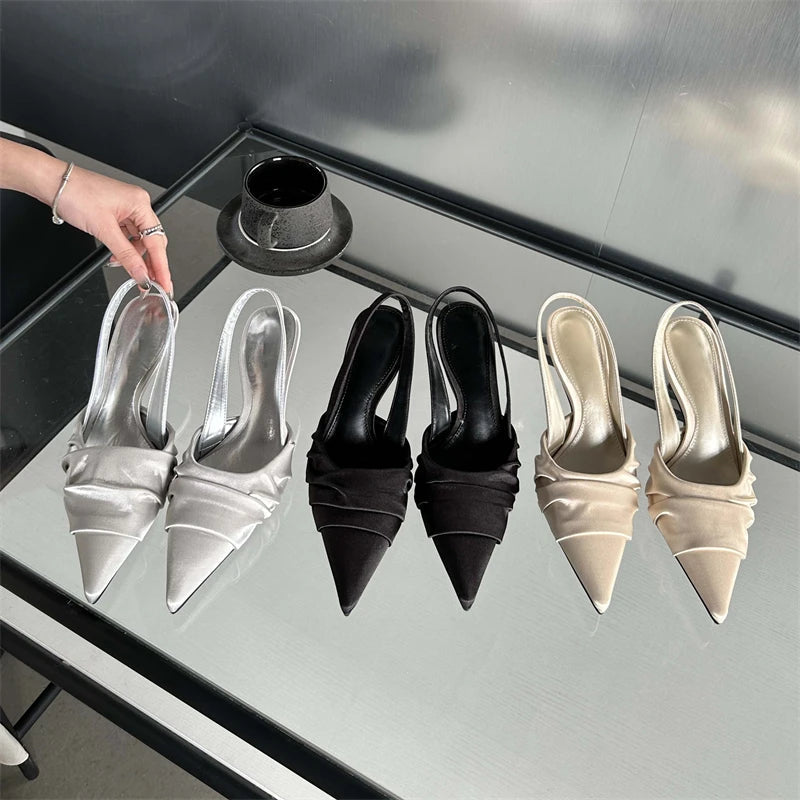 Satin Pleat Pointed Toe Pumps Slingbacks Thin Heels Shoes Banquet Party Female Sandals