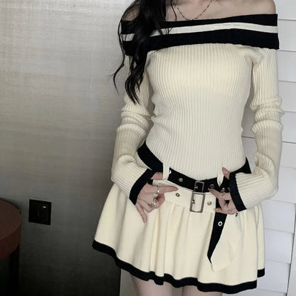 Y2k Slim Knitted Mini Dresses Off Shoulder Korean Short Party Dress With Belt Autumn New Clothing