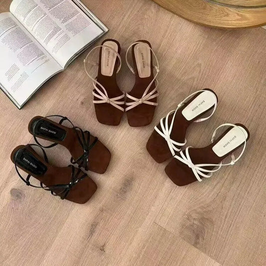 Kitten High Heels Open Toe Sandals Cross Narrow Band Low Slippers Stylish Comfortable Multiwork Shoes Flat Heels