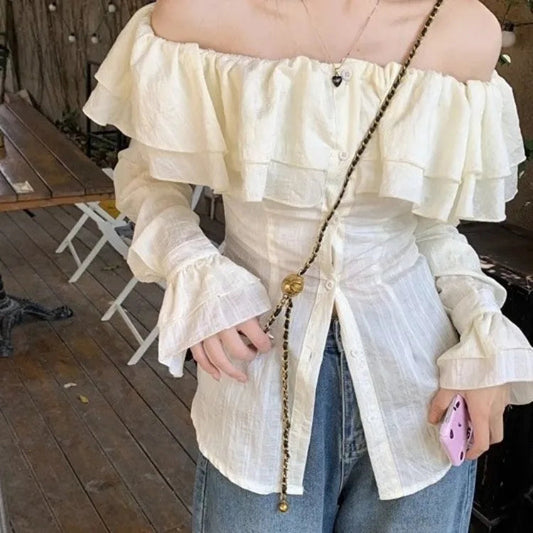 Slash Neck Ruffles Shirts Y2k Egirl Slim Waist Single Breasted Blouses Summer New Long Sleeve Blusas Mujer