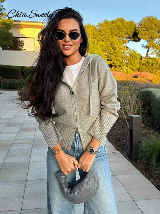 Hooded Cardigans Gray Long Sleeve Soft Zipper Ribbed Sweater Female Spring Simple Slim-fit Top New