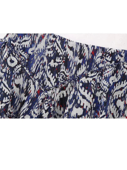 Chiffon 2 Piece Set Long Sleeves Printed Flowy Loose Blouse Top Woman Ruffle Aline Mini Skirt
