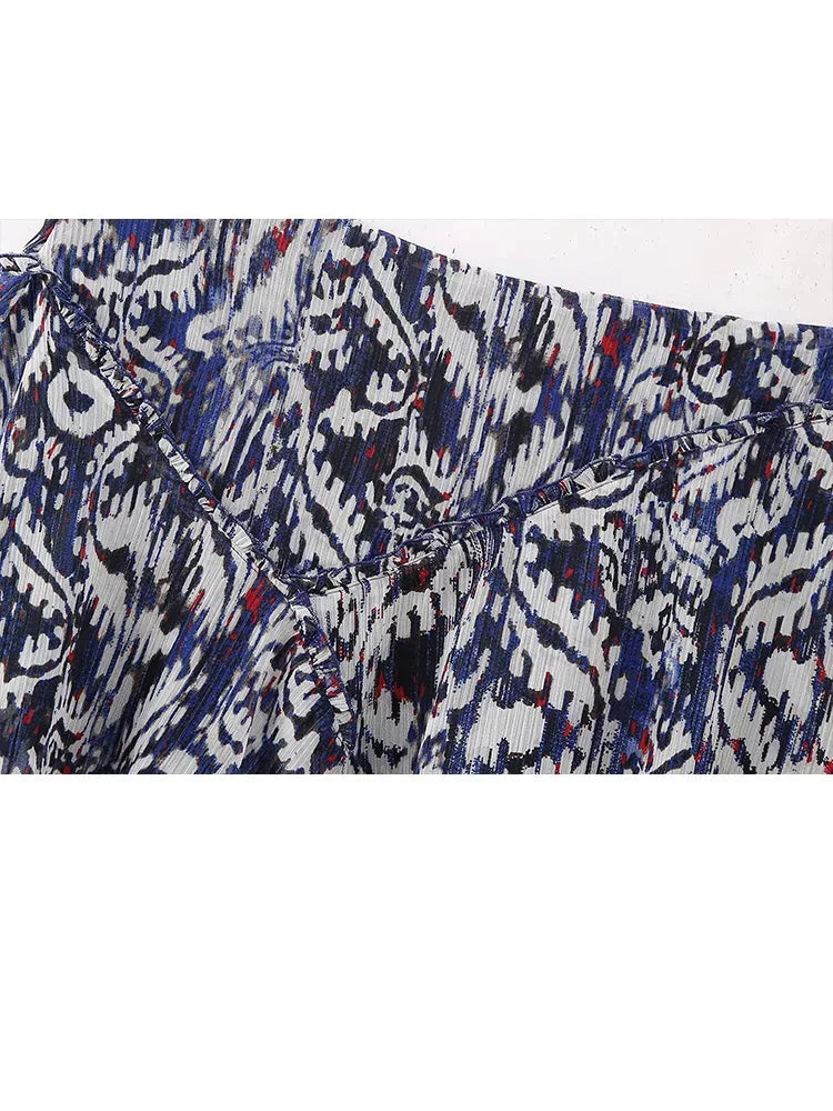 Chiffon 2 Piece Set Long Sleeves Printed Flowy Loose Blouse Top Woman Ruffle Aline Mini Skirt