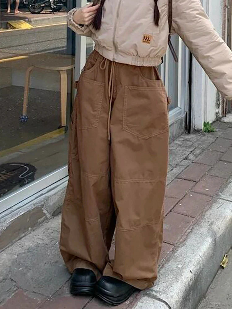 Plain Spliced Wide Leg Cargo Pants Big Pockets Drawstring Low Waist Loose Draped Sweatpants Lounge