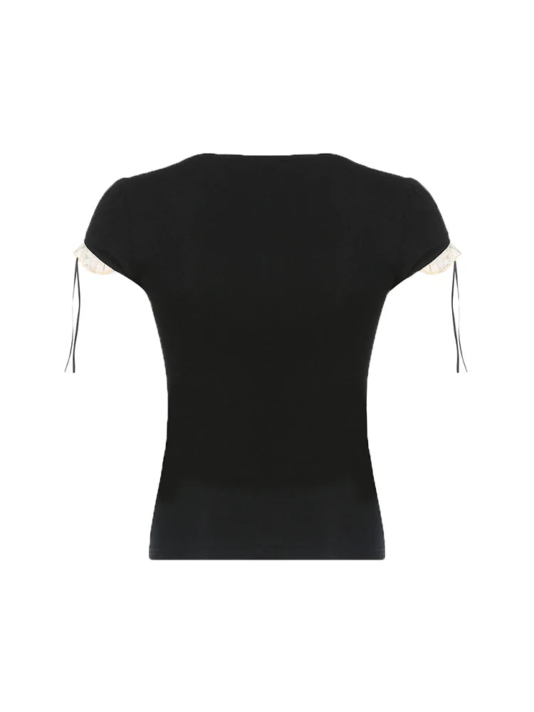 Sweet Y2k Contrast Lace Patchwork Square Collar Black T-shirt Short Sleeve Basic Balletcore Summer Tops