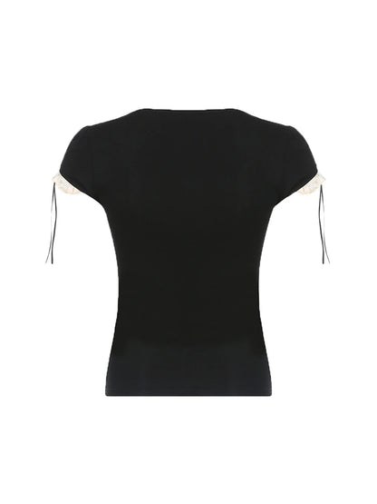 Sweet Y2k Contrast Lace Patchwork Square Collar Black T-shirt Short Sleeve Basic Balletcore Summer Tops