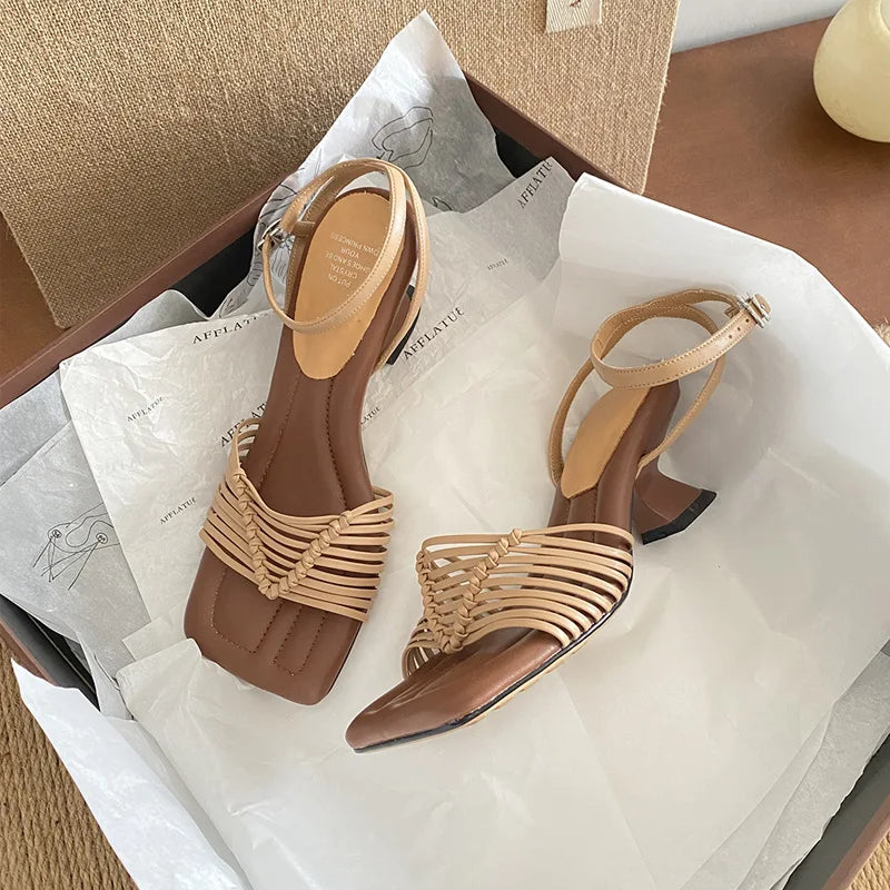 Summer Woven Square Toe Sandals Strange Heel Buckle Strap Shoes