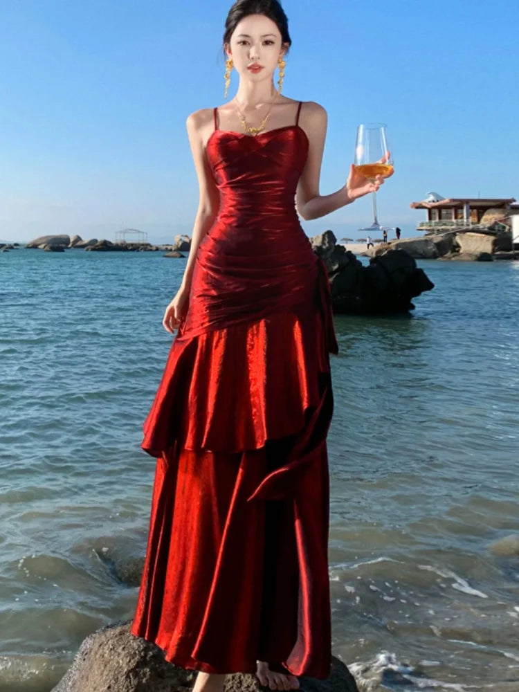 Spaghetti Strap Long Dresses Sleeveless Princess Ruffles Evening Party Dress Summer Holiday Beach Vestidos Robe New