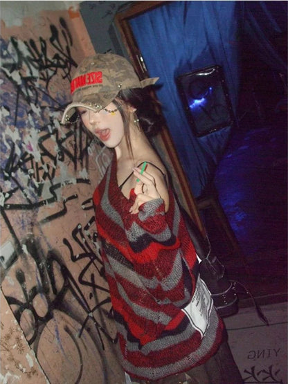 Grunge Y2k Striped Sweaters Hollow Out Ripped Long Sleeve Knitted Pullovers Off Shoulder