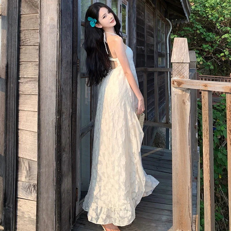Summer Vestidos Beige Beach Holiday Backless Birthday Party Long Dress Club Halter Bandage Pleated Dress