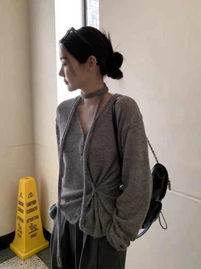 South Korea Cardigan Simple Temperament Vneck Neck Irregular Buckle Waist Slimming Tops Long Sleeve Sweater