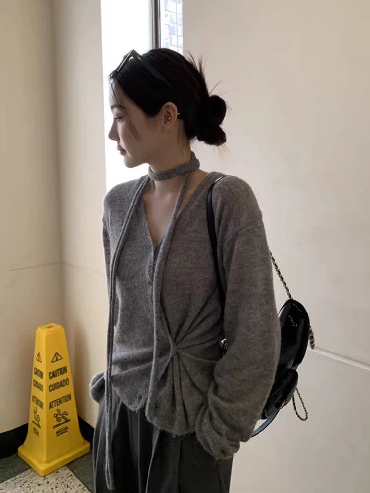 South Korea Cardigan Simple Temperament Vneck Neck Irregular Buckle Waist Slimming Tops Long Sleeve Sweater