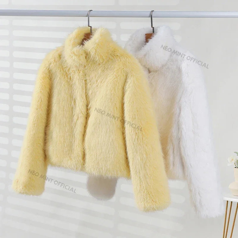 Winter Yellow Faux Fur Jacket Thicken Warm Stand Collar Fox Fur Coat Outerwear