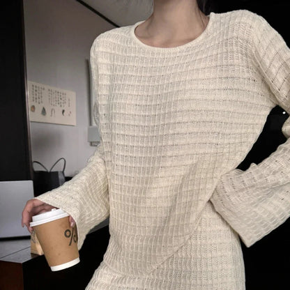 Autumn New Oneck Color All Match Hollow Flare Sleeve Sweater + High Waist Knitted Skirt Twopiece Suit