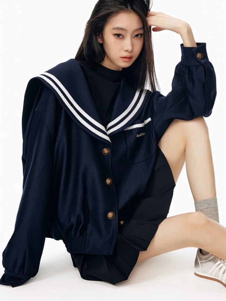 Sailor Collar Jacket Patchwork Long Sleeve Oversize Coat Preppy Style Uniform Old Money Aesthetics Outfits