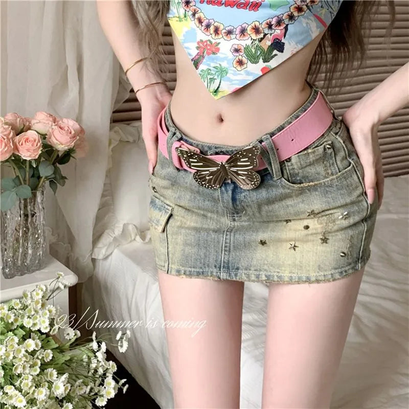 Y2k Willow Nail Heavy Industry Denim Skirt Summer New Low Waist Wrapped Hip Short Skirt