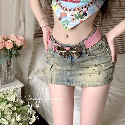 Y2k Willow Nail Heavy Industry Denim Skirt Summer New Low Waist Wrapped Hip Short Skirt