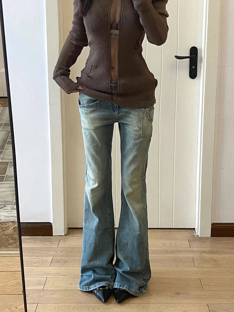 Gyaru Japanese Harajuku Y2k Low Rise Flare Denim Pants Jeans 2000s Bellbottom Trousers Kpop Goth Tide