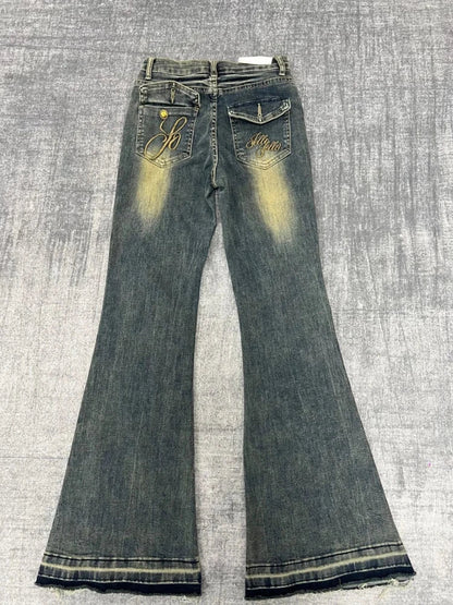 High Waist Flare Jeans Y2k Loose Embroidery Wide Leg Boot Cut Denim Pants Harajuku Do Old Bottoms