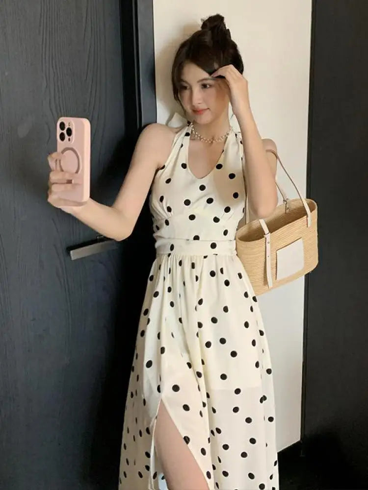 Black Dot Club Pleated Split Long Dresses Sleeveless Halter V Neck Bow Laceup Dress Summer Backless Party Sundress