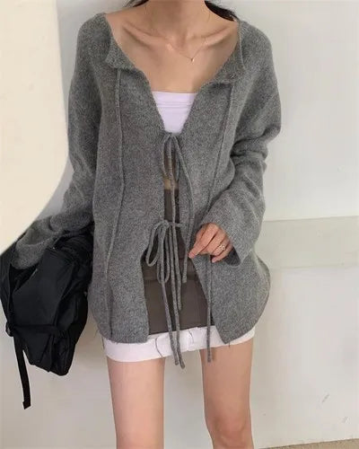 Autumn for Crop Tops Korean Retro High Street Hollow Out Bandage Sweater Cardigan Knit Jacket Tops