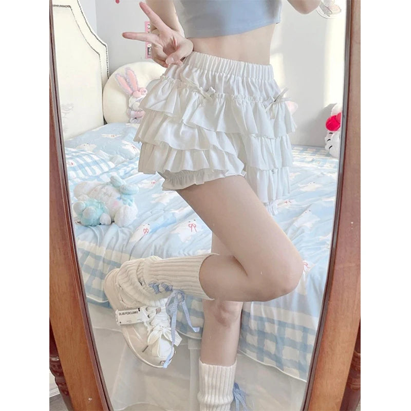 Y2k Sweet Ruffles Mini Skirt Kawaii Lolita Bow a Line Skirts Harajuku Japanese High Waist Pink White Ball Gown Skirt