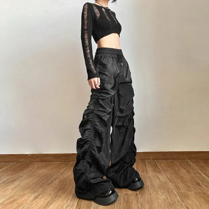 High Waist Drawstring Black Pants Spring New Pleated Loose All Match Wide Leg Pants