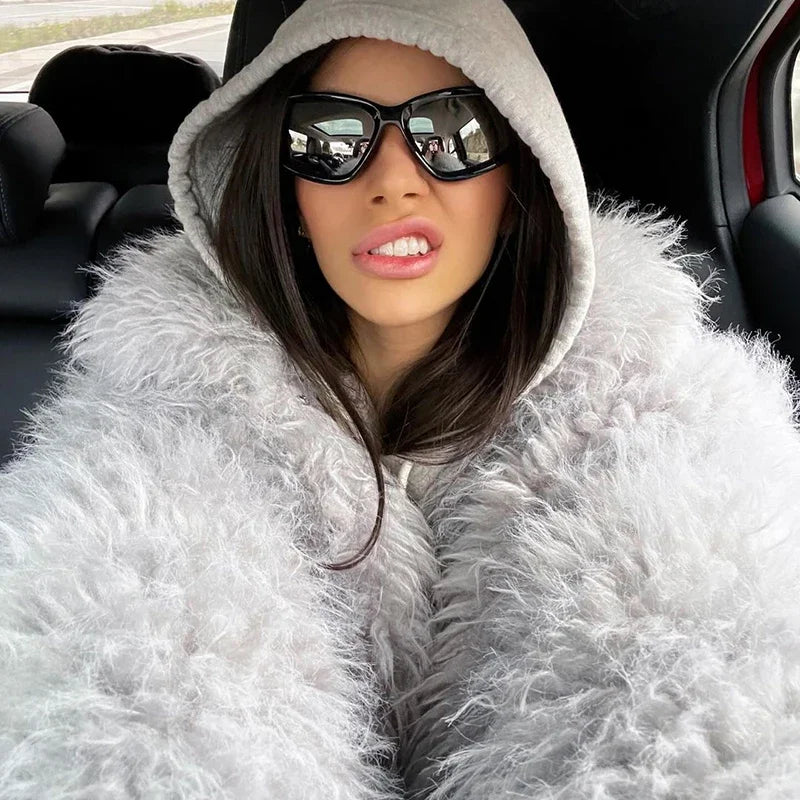 Fluffy Faux Mongolian Fur Coat for Winter Warm Furry Tibetan Sheep Fur Jacket Female Shaggy Overcoat