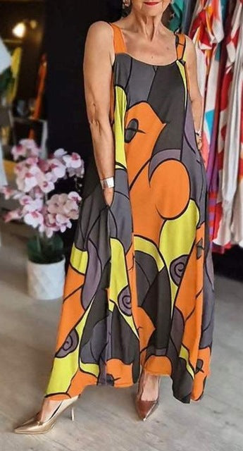 Print Spaghetti Strap Dresses Pocket Loose Long Dress Lady Commuting Clothing Maxi Vestidos Summer New