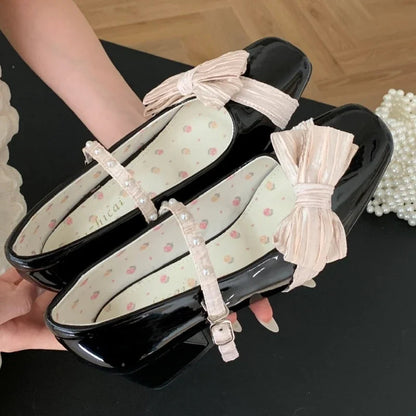 Butterflyknot Sweet Mary Jane Shoes Chunky Dress Shoes Shallow Designer Pumps Buckle Square Toe High Heels