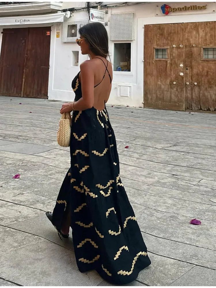 Backless Print Halter Maxi Dress Deep V-neck High Waist Split Dresses Summer Lady Loose High Street Robe