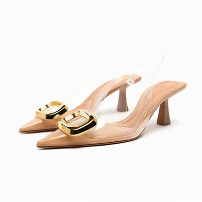 Blue Denim Fabric Slingbacks for Woman Cross Thin Buckle Strap Upper Stiletto Sandals Point Toe Thin Kitten Heel Pump