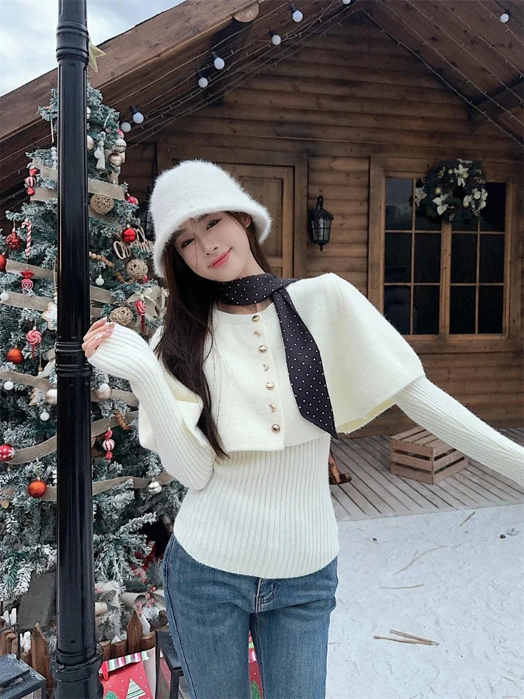 Red Poncho Sweater Ribbed Knitwear Twopiece Set Pullover Korean Cutecore Long Sleeve Christmas Clothes