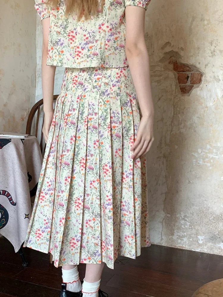 Shortsleeved Shirts Woman Square Collar Summer Half Skirt Pleated Aline Skirts Sets Conjuntos Cortos
