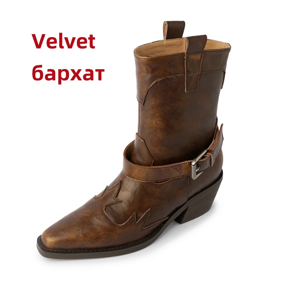 Ankle Boots Genuine Leather Chunky High Heels Shoes for Winter Western Cowboy Short Boots Shoes Woman