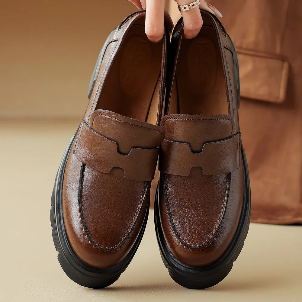 Genuine Leather Chunky Heel Platform Spring New Moccasins Round Toe Soft Comfortbale Loafers Shoes Hot