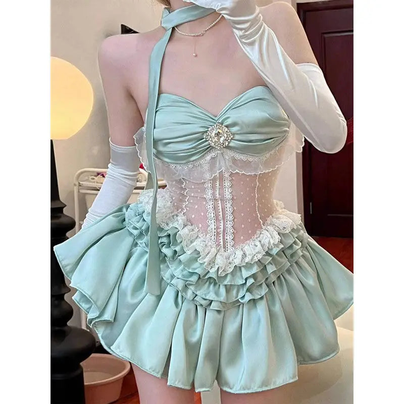 Mint Green Waist Corset Lace Spliced Strapless Dress for Summer New Spicy Girl High Waist Slimming Puffy Cake Mini Dress