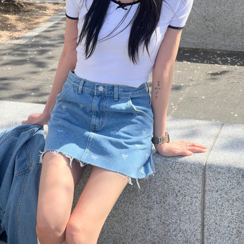 Korean Retro Bow Lace Patchwork Denim Aline Skirt Summer New High Waist Slim Frayed Mini Skirt