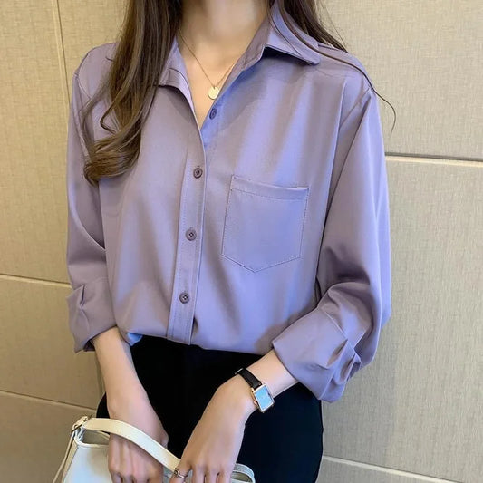 Spring Autumn Style Blouses Shirts Lady Long Sleeve Turn-down Collar Color Blusas Tops